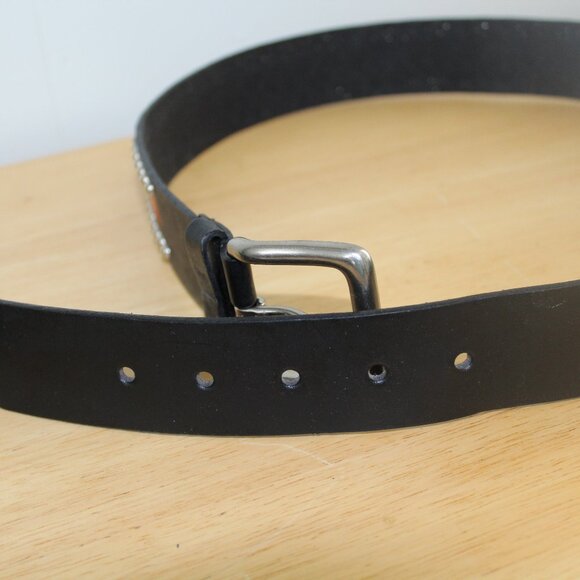 Genuine Black Bonded Leather Silver Studded Flame Biker Trucker Belt 32 - Picture 6 of 8